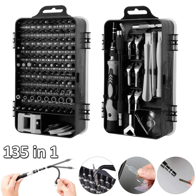 Conjunto de chaves de fenda de metal 135 em 1 com bits magnéticos Torx, ferramentas multifuncionais, estojo de ferramentas manuais para reparo